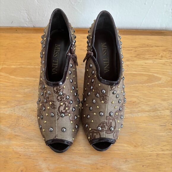Miss Tina Tan Brown Studded Peep Toe Ankle Booties 6.5 - Picture 2 of 8